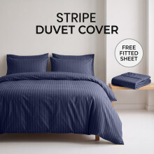 (Double (200x200cm), Navy Blue) Luxury Stripe Duvet Cover Bedding Set with Free Fitted Sheet | Premium Striped Bed Set Yorkshire Bedding