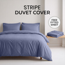 (King (225x220cm), Washed Blue) Luxury Stripe Duvet Cover Bedding Set with Free Fitted Sheet | Premium Striped Bed Set Yorkshire Bedding