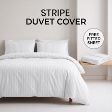 (Super King (260x220cm), White) Luxury Stripe Duvet Cover Bedding Set with Free Fitted Sheet | Premium Striped Bed Set Yorkshire Bedding