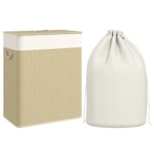 2 Section Laundry Basket with Lid, 100L Bamboo Laundry Hamper with Handles, Removable and Washable Liner, Cream White