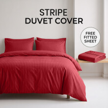 (King (225x220cm), Red / Burgundy) Luxury Stripe Duvet Cover Bedding Set with Free Fitted Sheet | Premium Striped Bed Set Yorkshire Bedding
