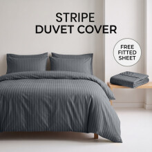 (Single (135x200cm), Charcoal) Luxury Stripe Duvet Cover Bedding Set with Free Fitted Sheet | Premium Striped Bed Set Yorkshire Bedding