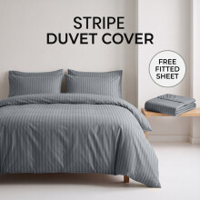 (Single (135x200cm), Grey) Luxury Stripe Duvet Cover Bedding Set with Free Fitted Sheet | Premium Striped Bed Set Yorkshire Bedding