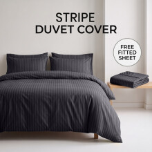 (King (225x220cm), Black) Luxury Stripe Duvet Cover Bedding Set with Free Fitted Sheet | Premium Striped Bed Set Yorkshire Bedding