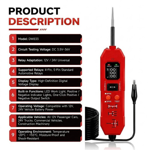 Upgraded DW833 Circuit Relay Tester 3-36V 4/5 Pin with LED Work Light 2