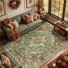 Washable Area Rug, 4.59' X 6.56', Green Non-Slip, Water Repellent, Pet Friendly, Easy to Clean, Vintage Floral Boho
