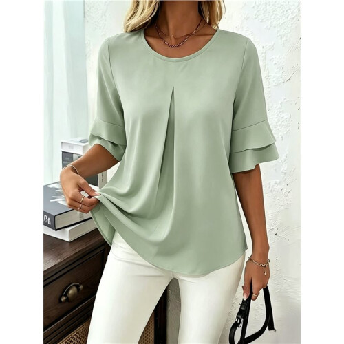 Blusas Básicas Plissadas de Manga Curta Soltas com Decote Redondo para Mulheres Verde Claro M 1