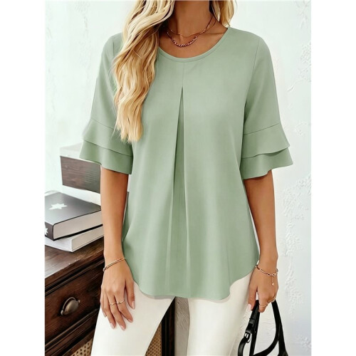 Blusas Básicas Plissadas de Manga Curta Soltas com Decote Redondo para Mulheres Verde Claro M 2