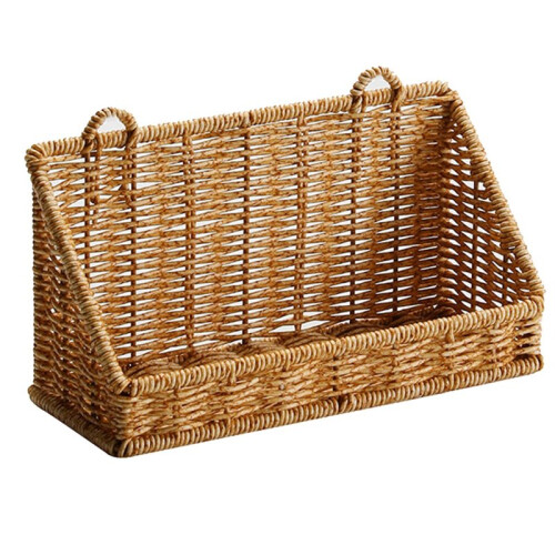 Rustic Wall-Mounted Basket with Hooks - Plastic Woven Rattan Storage Hamper for Home Organization