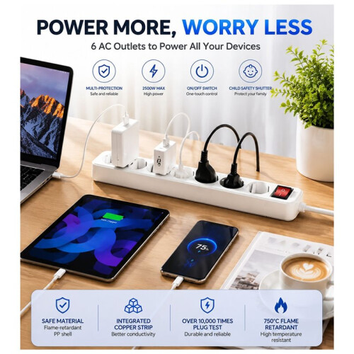Power Strip Surge Protector 6 AC EU Electrical Plug Outlet Socket Lead Extension Adapter Extenstion Cord Cable 1.5m 2