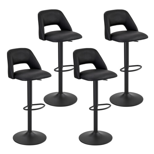 (Black, Set of 4) PU Bar Stools, Adjustable Swivel Breakfast Bar Chairs with Open Backrest