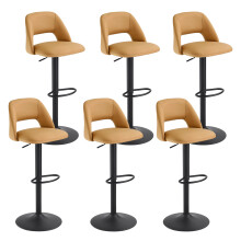 (Camel, Set of 6) PU Bar Stools, Adjustable Swivel Breakfast Bar Chairs with Open Backrest