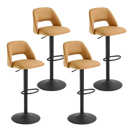 (Camel, Set of 4) PU Bar Stools, Adjustable Swivel Breakfast Bar Chairs with Open Backrest 1