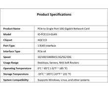 10Gbps AQC113 PCIE to Single Port RJ45 Network Card 1G/2.5G/5G/10Gbps PCIex4 Interface Ethernet Wired LAN Win10/11