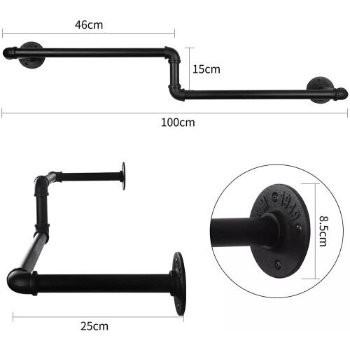 (One pack) 100cm Wall Mounted Clothes Rack Industrial Pipe Clothing Rail 2
