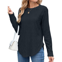 Camiseta Informal de Manga Larga para Mujer, con Cuello Redondo, Dobladillo Curvo y Botones en la Espalda, Estilo Moderno y Holgado. Negro L