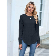Camiseta Informal de Manga Larga para Mujer, con Cuello Redondo, Dobladillo Curvo y Botones en la Espalda, Estilo Moderno y Holgado. Negro XXL