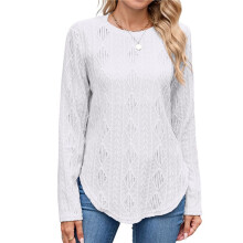 Camiseta Informal de Manga Larga para Mujer, con Cuello Redondo, Dobladillo Curvo y Botones en la Espalda, Estilo Moderno y Holgado. M