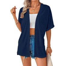 Women'S Short Sleeve Cardigan Summer Cardigan Casual Loose Beach Cover- Curved Hem Dark S