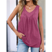 Canotta da Donna Ampia, Senza Maniche, Scollo A V, Estiva, Arricciata, con Orlo Curvo Vino Rosso XXL