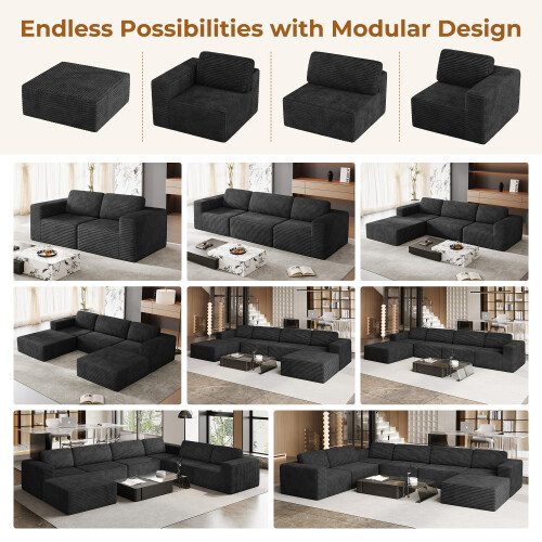 Corduroy Modular Sofa | Cloud-style Sectional 2 Seater Sofa Set Fluffy Memory Foam Cushions 1