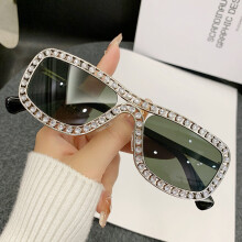 (Silver Green)Metal Frame Sunglasses With Sparkling Rhinestone For Summer Party And Fashion