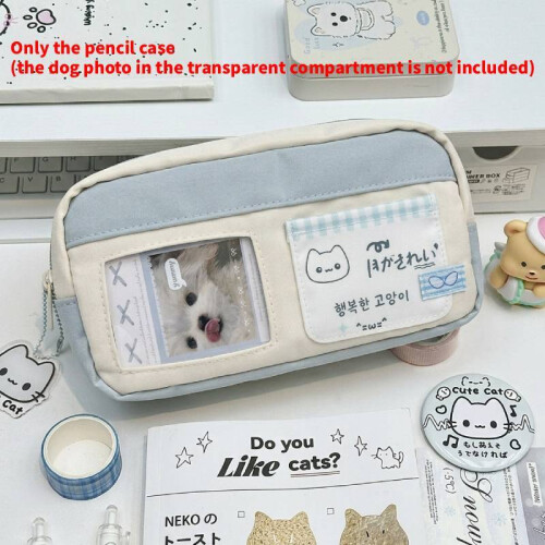 (Blue) Case Polyester Pen With Multiple Compartments And Cartoon Print Office For