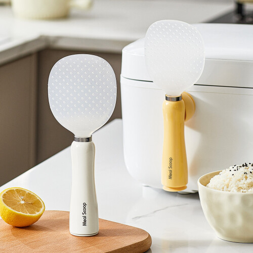 (White Standing)White And Yellow Rice Spoon With Stand Easy Clean Surface For Kitchen Use 1