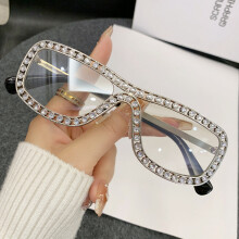 (Silver White)Metal Frame Sunglasses With Sparkling Rhinestone For Summer Party And Fashion
