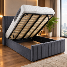 (Ivory (without Mattress), 5ft King (without Gaslift)) Luxury Velvet Bed Frame with 54" Wingback Panel Headboard, with Mattress & Gas Lift Option
