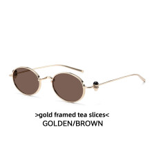 (Gold Tea)Trendy Oval Sunglasses With Metal Structure Lenses For Festival And Wear Daily