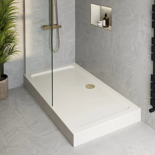 800 x 760mm White Bathroom Non Slip Shower Tray for Enclosures with Brass Waste + Riser Kit Rectangular