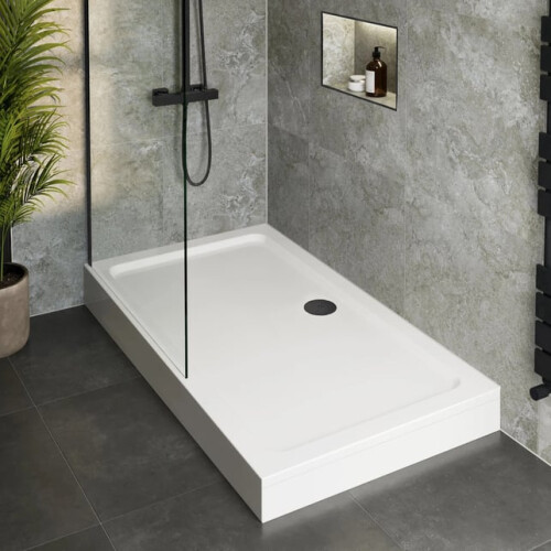 800 x 760mm White Bathroom Shower Tray for Enclosures with Black Waste + Riser Kit Rectangular