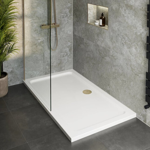 800 x 700mm White Bathroom Shower Tray for Enclosures with Brass Waste Stone Resin Rectangular