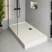 800 x 760mm White Bathroom Non Slip Shower Tray for Enclosures with Black Waste + Riser Kit Rectangular