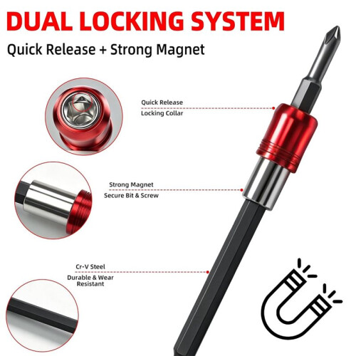 Drill Bit Extension Set 4PCS Magnetic Holder 1/4" Hex 2.4" 4" 6" 12" with A Secure Quick-Lock Design 1