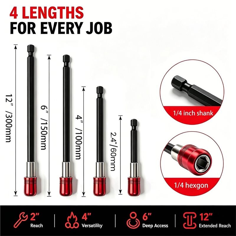 Drill Bit Extension Set 4PCS Magnetic Holder 1/4" Hex 2.4" 4" 6" 12 ...