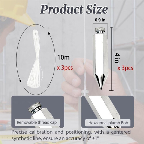 3Pcs Hexagon Plumb Bob with String,8oz,Precision Leveling Tool for Builders Carpenters Projects Wire Kit,790-8 1