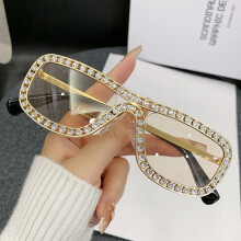 (Champagne)Óculos de sol armação de metal com strass cintilante para festa de verão e moda