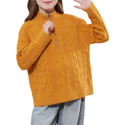 Mädchen Strickpullover mit Stehkragen Reißverschluss Warm Zopfmuster Orange 130 cm — kinder winterpullover