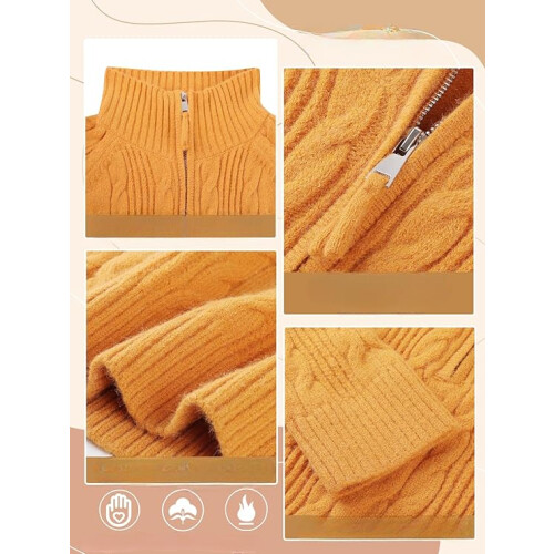 Mädchen Strickpullover mit Stehkragen Reißverschluss Warm Zopfmuster Orange 130 cm — kinder winterpullover 1