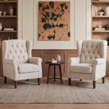 (Grey) SMARTUE Mid-Century Modern Accent Chair, Button Tufted Upholstered Armchair with Thick Padded Seat and Solid Wood Legs