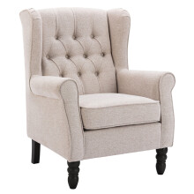 (Beige) SMARTUE Mid-Century Modern Accent Chair, Button Tufted Upholstered Armchair with Thick Padded Seat and Solid Wood Legs