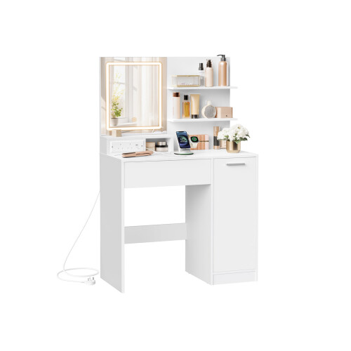 Dressing Table - MDF - White - LED Lights with Adjustable Shelves and Power Outlet