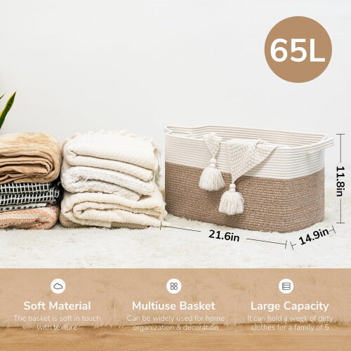 TIMEYARD 65L Large Laundry Basket Cotton Rope Woven Storage Basket 2