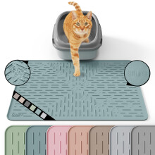 OHMO Cat Litter Mat for Litter Tray, Paw Pattern, 60x40cm, Light Blue | Granule-Trapping Texture, Premium Silicone, Waterproof Floor Guard