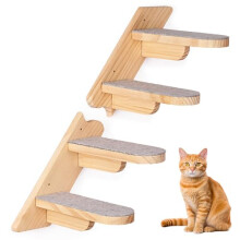 Wall Mounted Cat Shelf - Wooden Four Step Stairway with Plush Cover for Climbing, Sleeping and Playing