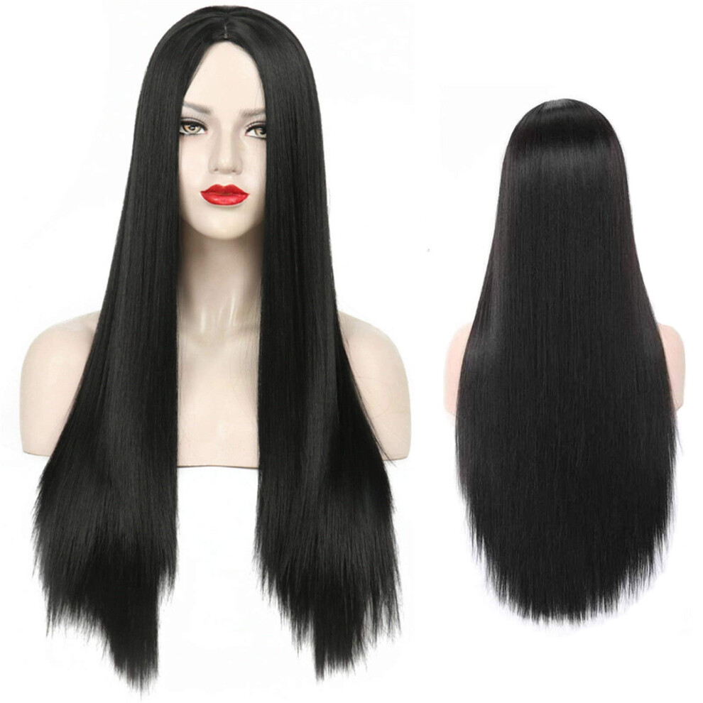 Sawekin 29.5" 75Cm Long Black Wigs For Women Long Straight Synthetic Black Wigs For Party Cosplay Halloween Anime((B-Black)