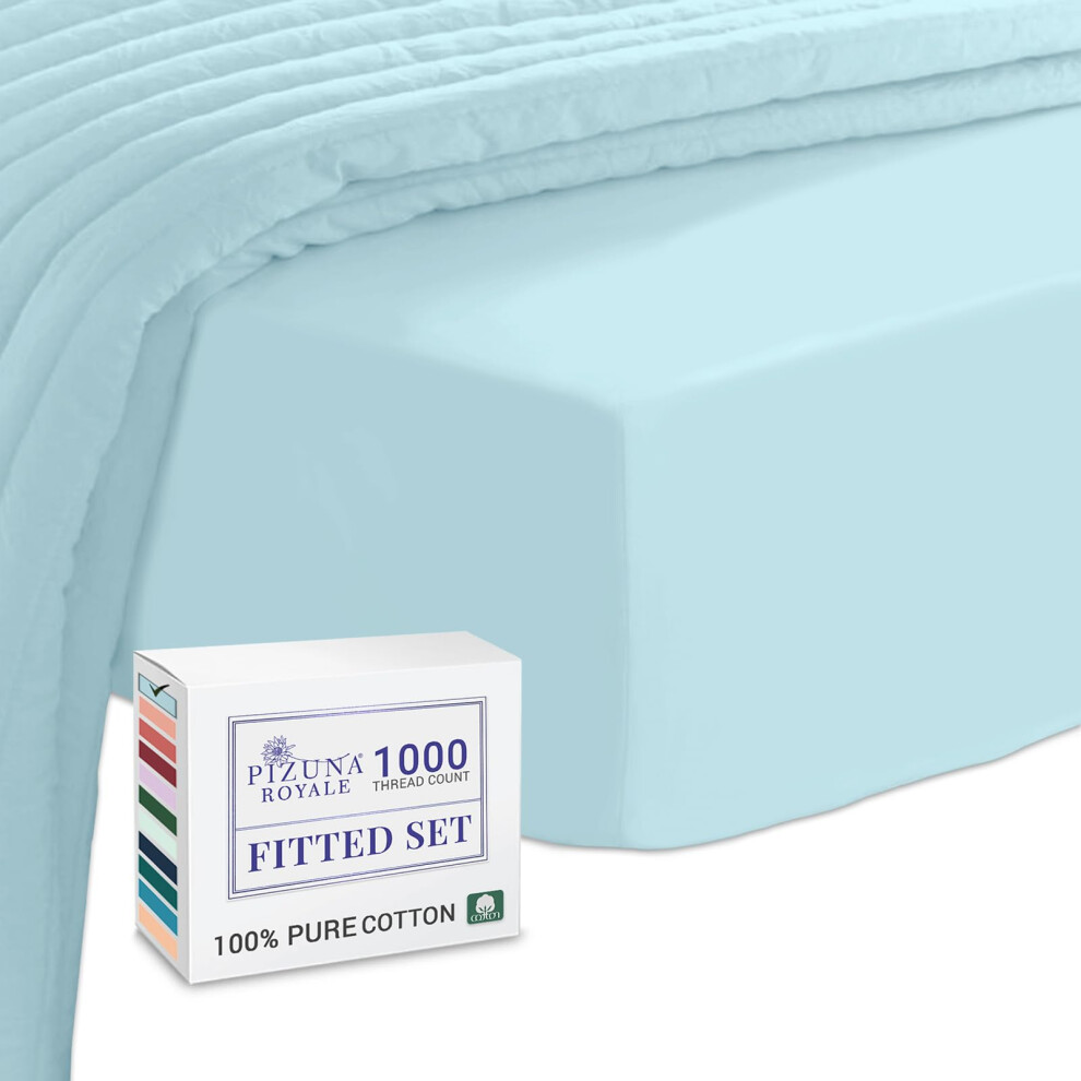 Pizuna Luxurious Cotton EU Single Fitted Sheet Baby Blue 1000 Thread Count | 100% Long Staple Cotton Bed, 100 X 200cm, Sateen Weave Extra Deep 40 Cm Fit - 1 Pc - Image 2