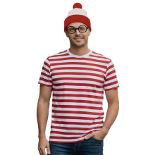 FASHIONISM Mens Womerns Red and White Stripe T Shirt Hat Glasses 3 pcs Set Unisex Fancy Dress Book Week Costume
